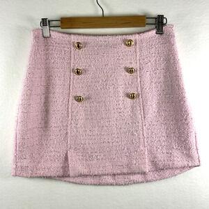 Express Pink Tweed Mini Skirt with Gold Buttons